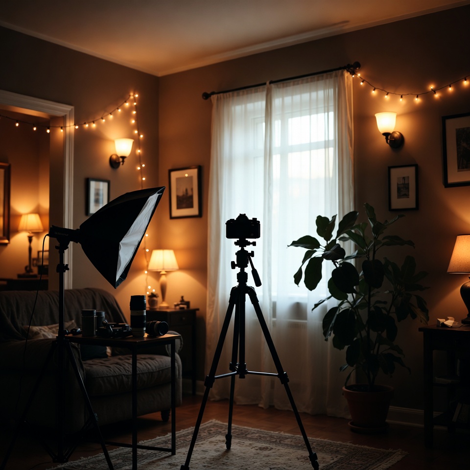 Photo corner with warm string lights and neutral textiles